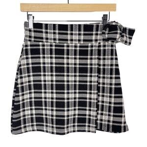 ZARA TRF Small S Black White Plaid Wrap Mini Skirt Belted Detail Cotton Blend